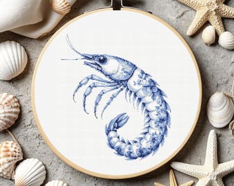 Delft sea shrimp Cross Stitch Pattern: Floral Porcelain Style (PDF Pattern)