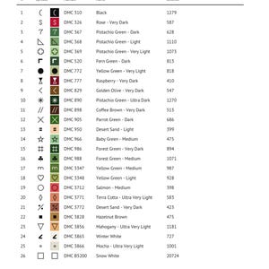 May include: A detailed floss list for cross stitch, titled "Christmas H." It includes symbols, DMC numbers, color names like "Black" and "Rose - Very Dark," and stitch counts. The document is from &copy;2025 DreamsDecorGoods.