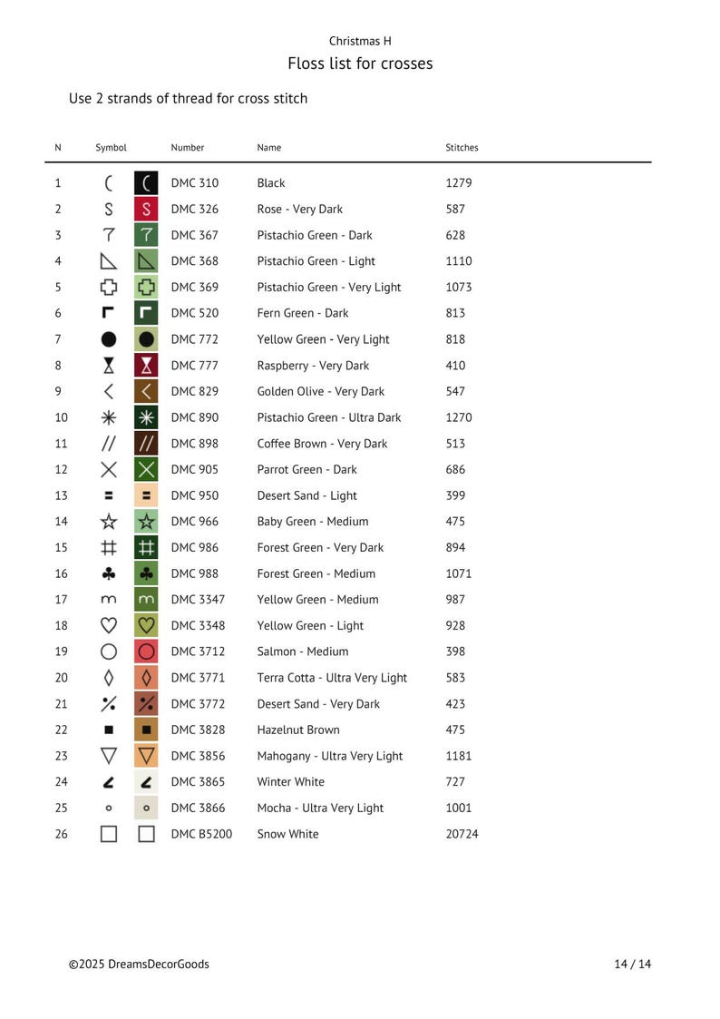 May include: A detailed floss list for cross stitch, titled "Christmas H." It includes symbols, DMC numbers, color names like "Black" and "Rose - Very Dark," and stitch counts. The document is from &copy;2025 DreamsDecorGoods.