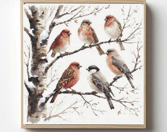 Birds On Branch Cross Stitch Pattern: 6 winter birds (PDF)
