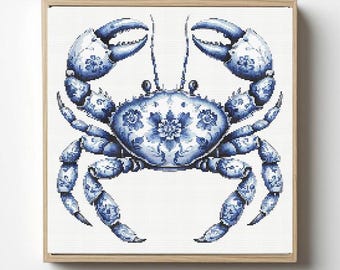 Delft Crab Cross Stitch Pattern: Floral Porcelain Style (PDF Pattern)