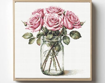 Pink Roses in Mason Jar: Cross Stitch Pattern (PDF Download)