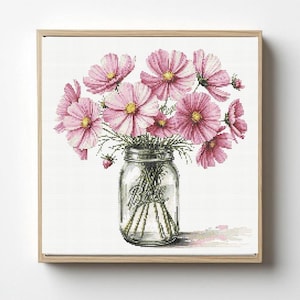 Cosmos in Mason Jar: Cross Stitch Pattern (PDF Download)