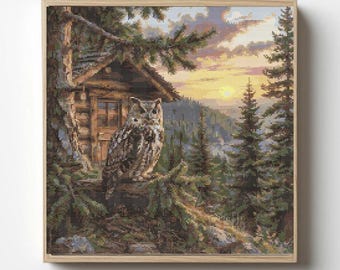Summer Evening Cross Stitch Pattern: Owl in Evening Sunset  (PDF)