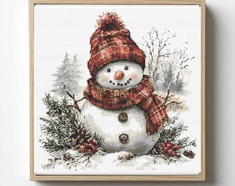 赤い帽子をかぶったヴィンテージ風のクリスマス雪だるまのクロスステッチパターン：お祝いムード満点の冬のデコレーション（PDFダウンロード）