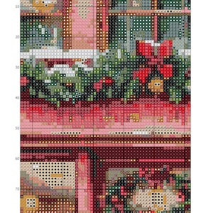 May include: A cross-stitch pattern chart titled Christmas Bookstore, featuring a grid with numbered axes and symbols representing colors. The design includes red, green, and brown sections, with a poinsettia motif and a copyright notice at the bottom.