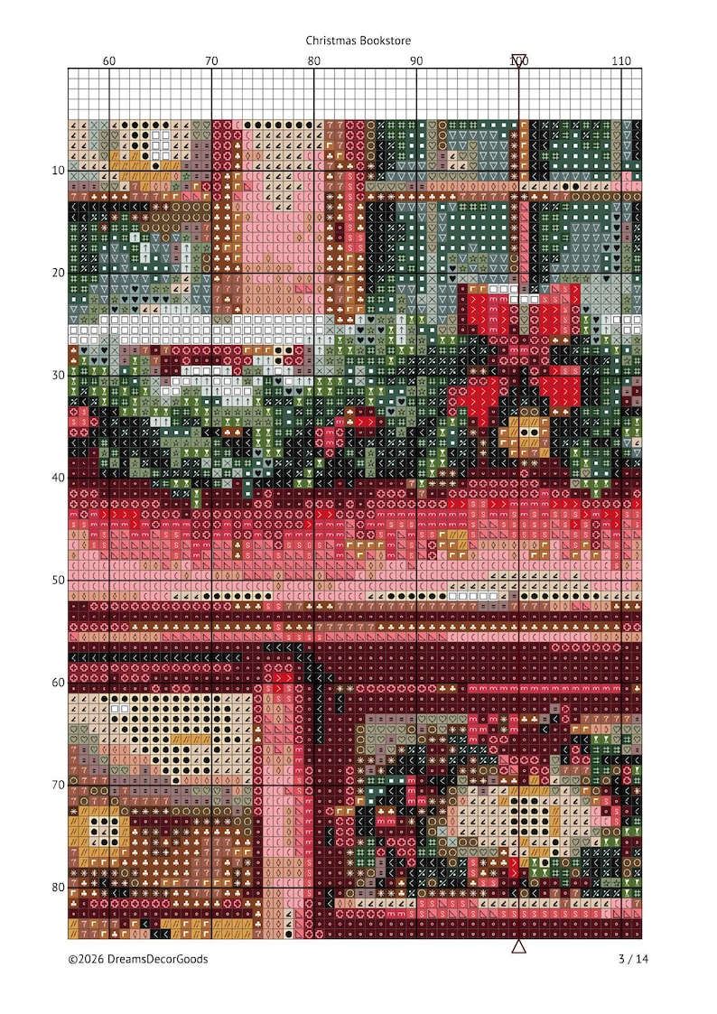 May include: A cross-stitch pattern chart titled Christmas Bookstore, featuring a grid with numbered axes and symbols representing colors. The design includes red, green, and brown sections, with a poinsettia motif and a copyright notice at the bottom.