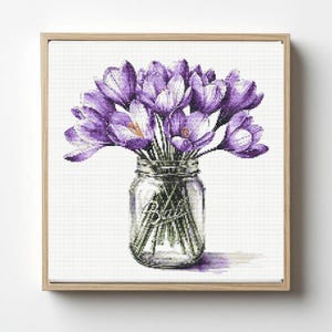 Crocus dans un pot Mason : modèle de point de croix (téléchargement PDF)