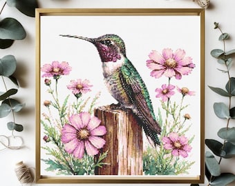 Schema per punto croce Colibrì: Uccello floreale, Compatibile con Pattern Keeper (Download PDF)