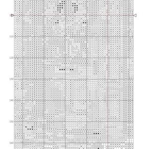 May include: A cross stitch pattern chart titled Christmas shop window, featuring a grid with numbered axes from 60 to 110 and 90 to 170. The design uses various symbols like hearts, stars, and geometric shapes to represent stitches on a white background.