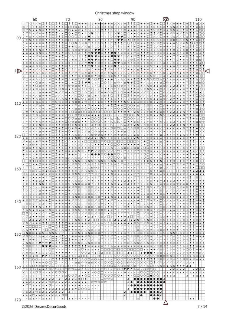 May include: A cross stitch pattern chart titled Christmas shop window, featuring a grid with numbered axes from 60 to 110 and 90 to 170. The design uses various symbols like hearts, stars, and geometric shapes to represent stitches on a white background.