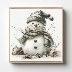 Vintage christmas snowman in green hat Cross Stitch Pattern: Festive Winter Decor (PDF Download)