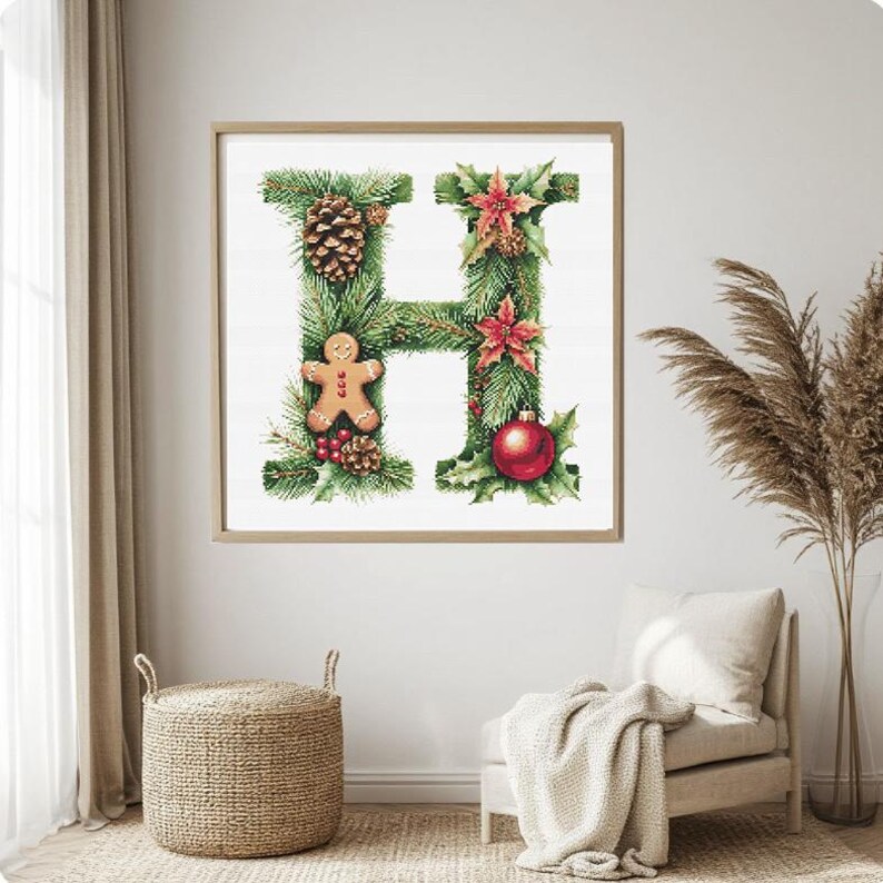 May include: A framed Christmas-themed artwork featuring the letter "H" composed of evergreen branches, pinecones, and festive ornaments. A gingerbread man, red poinsettias, and a red ornament add holiday cheer to this seasonal decor.