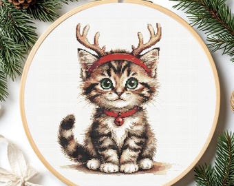 Christmas Kitten Cross Stitch Pattern: Kitten in deer horns (PDF)