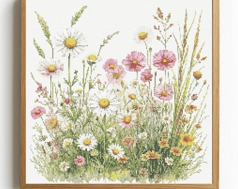 Schema punto croce fiori di campo: erbe e fiori in fiore (download PDF)