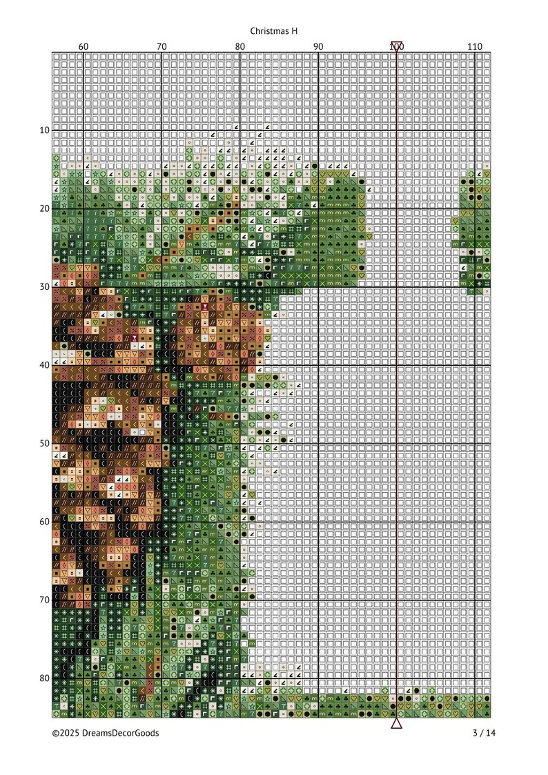 May include: A cross-stitch pattern with a Christmas theme, featuring a detailed design in shades of green, brown, and white. The grid is marked with numbers and the text "Christmas H". The copyright notice reads "&copy;2025 DreamsDecorGoods".