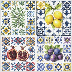 May include: A cross-stitch pattern set featuring four square designs with Mediterranean-inspired motifs. Each section displays botanical illustrations of olives, lemons, pomegranates, and figs, surrounded by intricate blue, yellow, and red tile patterns.