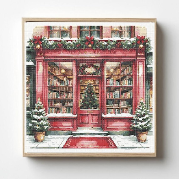 Christmas Bookstore Cross Stitch Pattern: Winter Holiday Shop (PDF)