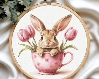 Patrón de punto de cruz "Conejito con tulipanes rosas": Primavera (Patrón PDF)