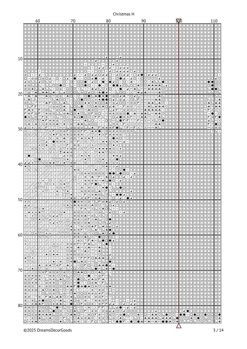 May include: A cross-stitch pattern chart with a grid background. The chart features a design of a Christmas tree. The text "Christmas H" is at the top. The copyright notice "&copy;2025 DreamsDecorGoods" is at the bottom, along with "3/14".