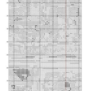 May include: A black and white cross stitch pattern chart titled Christmas Bookstore, featuring a grid layout with numbered axes from 60 to 110 and 10 to 80. The design consists of various symbols representing stitches, with a copyright notice at the bottom.