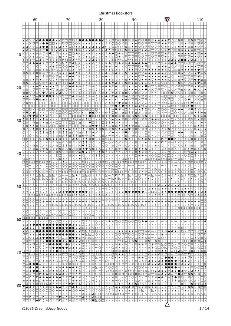 May include: A black and white cross stitch pattern chart titled Christmas Bookstore, featuring a grid layout with numbered axes from 60 to 110 and 10 to 80. The design consists of various symbols representing stitches, with a copyright notice at the bottom.