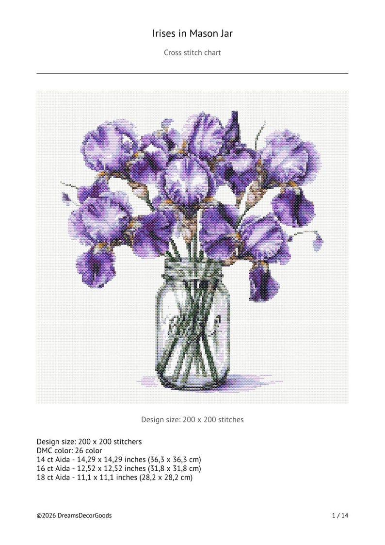 Irises Flowers in Mason Jar: Cross Stitch Pattern (PDF Download) - Etsy