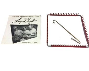 Vintage Loop Craft Red Metal Weaving Loom with Hook & Instruction Sheet, Old Potholder Loom, Yarn Loom, Beginner Loom, DIY Retro Potholders