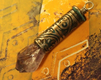 Amethyst Crystal Point in Etched Shell Casing - Charming Necklace Pedant from recycled brass and natural crystal.