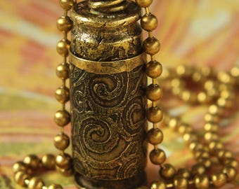 Spiral Design - Funeral Urn, Keepsake jar, Message bottle, Pet Ashes Container, , Shaman Pouch etched Brass Shell Casing  upcycled  #40