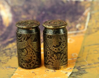 TWO - Large 12mm Etched Brass BEAD CAPS  with Floral Pattern made  from 45 caliber shells -jewelry making, crystals, stones, teeth, claws