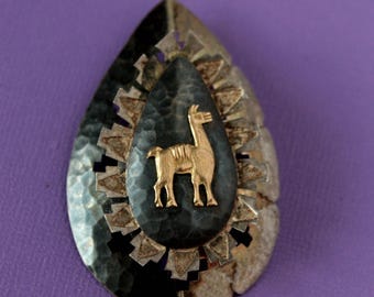 Vintage 18k Gold Peruvian Llama Brooch, .925 Sterling Silver Pin.  3D design . Cuzco animal jewelry.