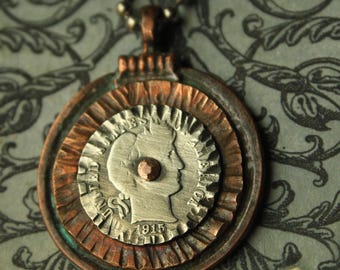 1915 Barber Dime Pendant Necklace 90% SILVER DIME, riveted on a Spiral disk. Collectible antique silver coin jewelry. One of a Kind on Chain