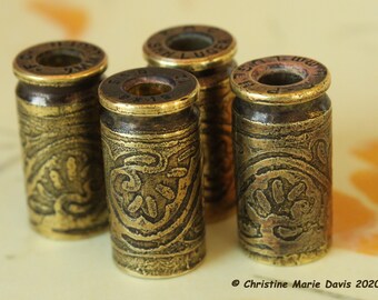 FOUR Etched Brass Bead Caps 9mm with wallpaper pattern. Caps for jewelry, crystals, stones, teeth, claws to make pendants, charms, earrings