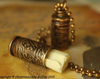 Container Pendant  w/ Wallpaper Design - Stash Vial - Funerary Urn- Pet Ashes -  MMJ 420 made from hand-etched Brass Bullet Shell Casings
