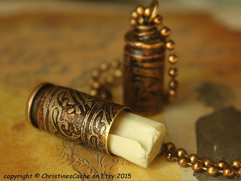 Funerary Urn, Pet Ashes Vial, Memory Necklace, Keepsake Pendant, Secret Notes, Cremation Recycled upcycled Etched Brass Shell Casing V40-WP image 1