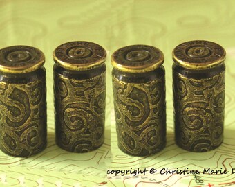 FOUR - Spiral9mm Etched Brass BEAD CAPS with top holes for jewelry, stones, crystals, teeth, claws, recycled upcycled