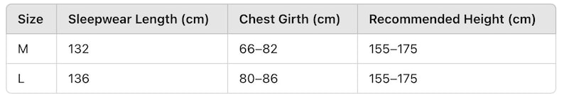 May include: Size chart for sleepwear with measurements in centimeters for sleepwear length, chest girth, and recommended height.