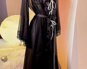 Elegant Black Lace Robe with Satin Tie - Gothic Long Lingerie Nightgown