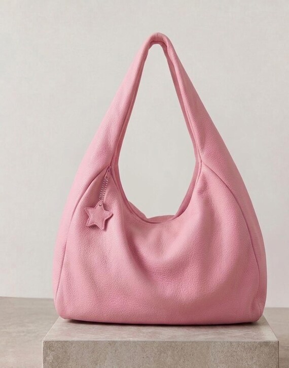 Pink Full Grain Cow Leather Hobo Bag, Slouchy Leather Shoulder Bag, Handmade Genuine Leather bag, Soft Leather Tote, Everyday Luxury Handbag