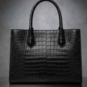 Luxury Crocodile Embossed Leather Tote Bag, Handmade Black Leather Handbag, Women's Work Bag, Elegant Office Tote, Burgundy Chevron Lining