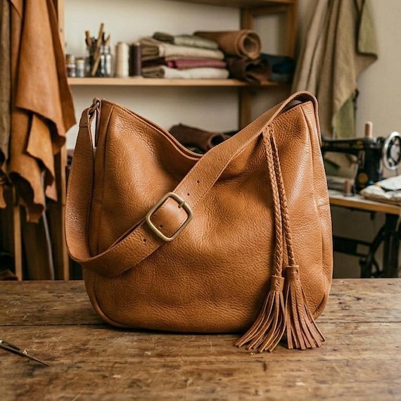 Italian style Leather Hobo Bag, Genuine Leather  Bag, Slouchy Boho Purse, Soft Leather Crossbody Tote,Handmade Italian Style Bag for Women