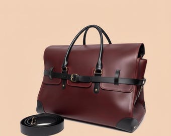 Handgefertigte Reisetasche aus burgunderrotem Leder – Wochenendtasche aus Vollnarbenleder