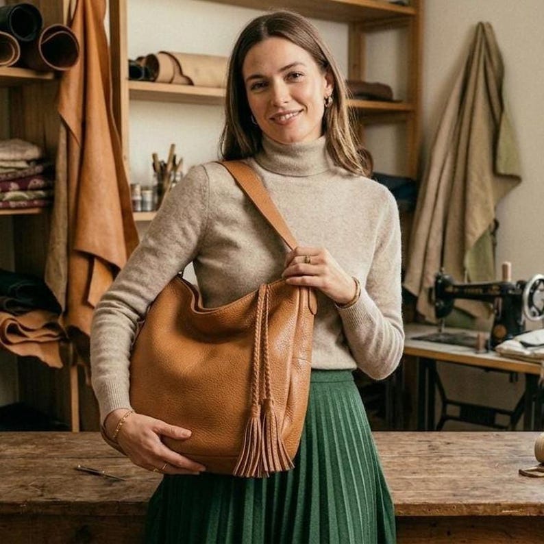 以下が含まれることがあります： 粒状の質感を持つタンカラーのレザー製ホーボーバッグ。シングルショルダーストラップと、サイドから垂れ下がる2本の長い編み込みレザーのタッセルが特徴です。バッグは柔らかく構造化されていない形状で、シンプルでクリーンなデザインです。