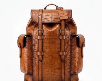 Handgefertigter Rucksack aus echtem Leder für Herren & Damen | Brauner Krokodil Textur Leder Rucksack | Vintage Reise-Laptop-Rucksack | Luxus Geschenk