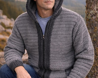Modello per felpa con cappuccio all'uncinetto da uomo, giacca comoda fatta a mano, PDF adatto ai principianti, abbigliamento invernale, regalo per lui, inglese, bulgaro + guida alla cura GRATUITA