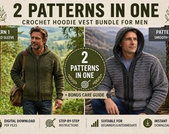 Pakket met breipatronen voor herenhoodies, 2 vestontwerpen (PDF), doe-het-zelf kleding voor herfst en winter, cadeau voor hem, bonus onderhoudsinstructies, Bulgaars en Engels