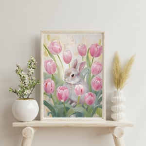 Arte mural de conejito de Pascua con tulipanes rosas / Decoración imprimible de conejo de primavera / Póster de conejito lindo (A1, A2, A3, A4, JPEG) Descargar