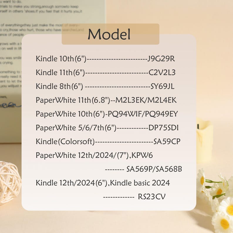 May include: A white card with a list of Kindle models and their corresponding codes. The models include Kindle 10th (6"), Kindle 11th (6"), Kindle 8th (6"), PaperWhite models, and Kindle Colorsoft.