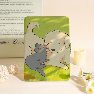 Cat & Dog Cuddling Kindle Case For Paperwhite 12th, Paperwhite 1/2/3/4, Kindle 12th/10th/11th Gen, Kindle Colorsoft Case, For Bookish Gift